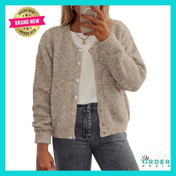 Sweaters - Long Sleeve Cardigan Crewneck Loose Fit Lightweight Knit Sweater Chic Classic